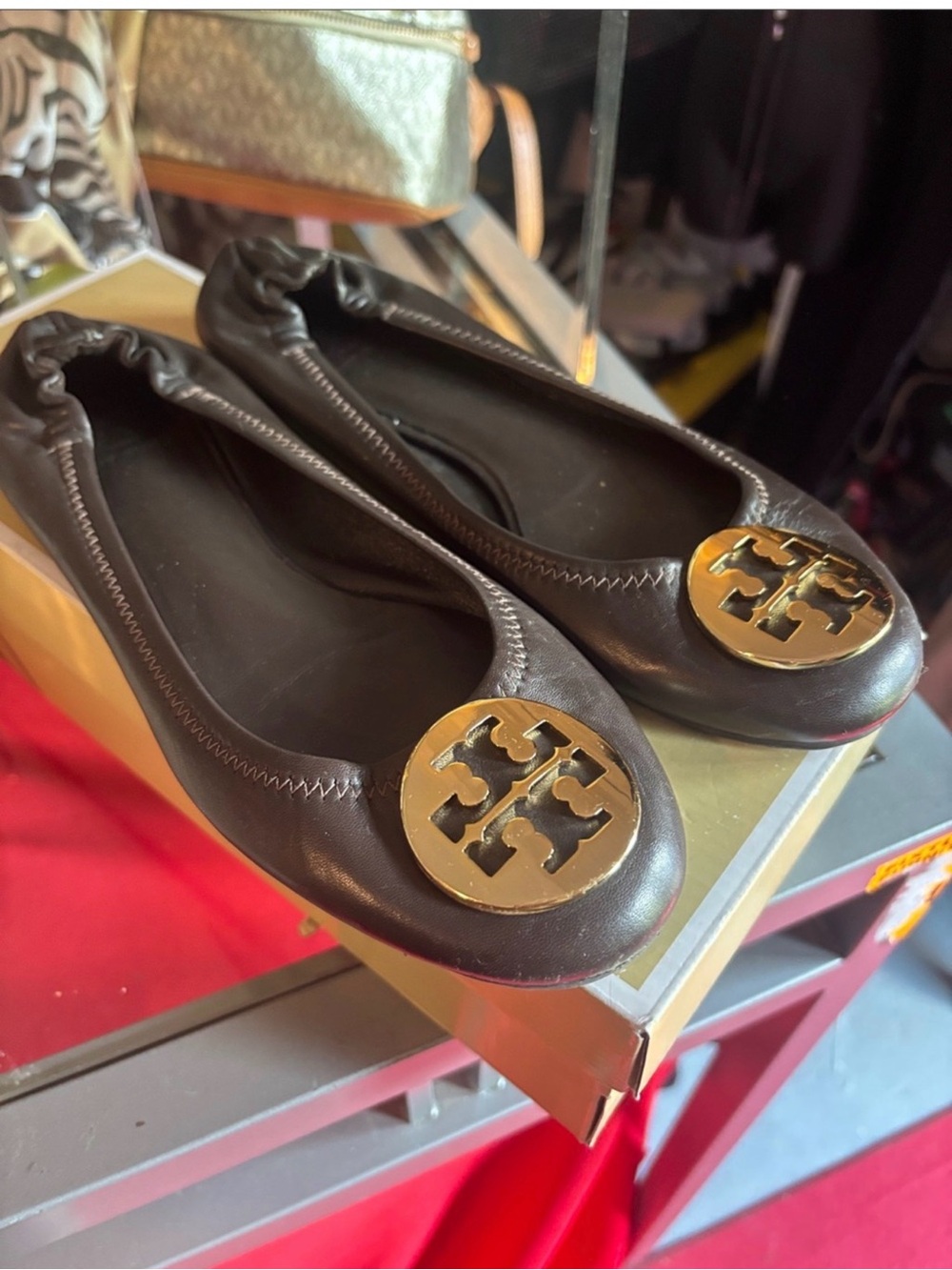 Tory Burch Black Leather Logo Ballet Flats with Gold Medallions